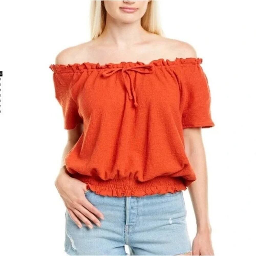 Madewell Texture & Thread Red Smocked Drawstring Top Women's Size Small